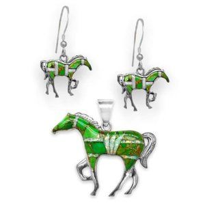 New. Horse Pendant and Earring Set. Sterling Silver and Gaspeite. Southwest Styl